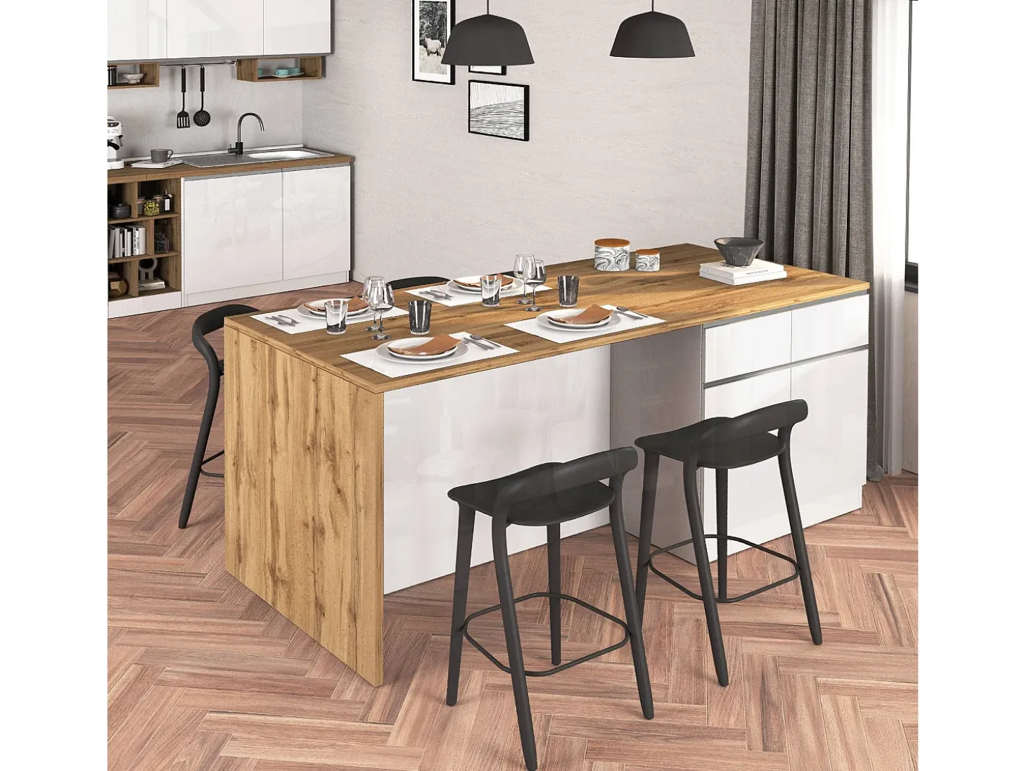 Isla de cocina Sole con 4 puertas y 4 cajones, blanco brillo y roble, 200 x 90 x 90 cm