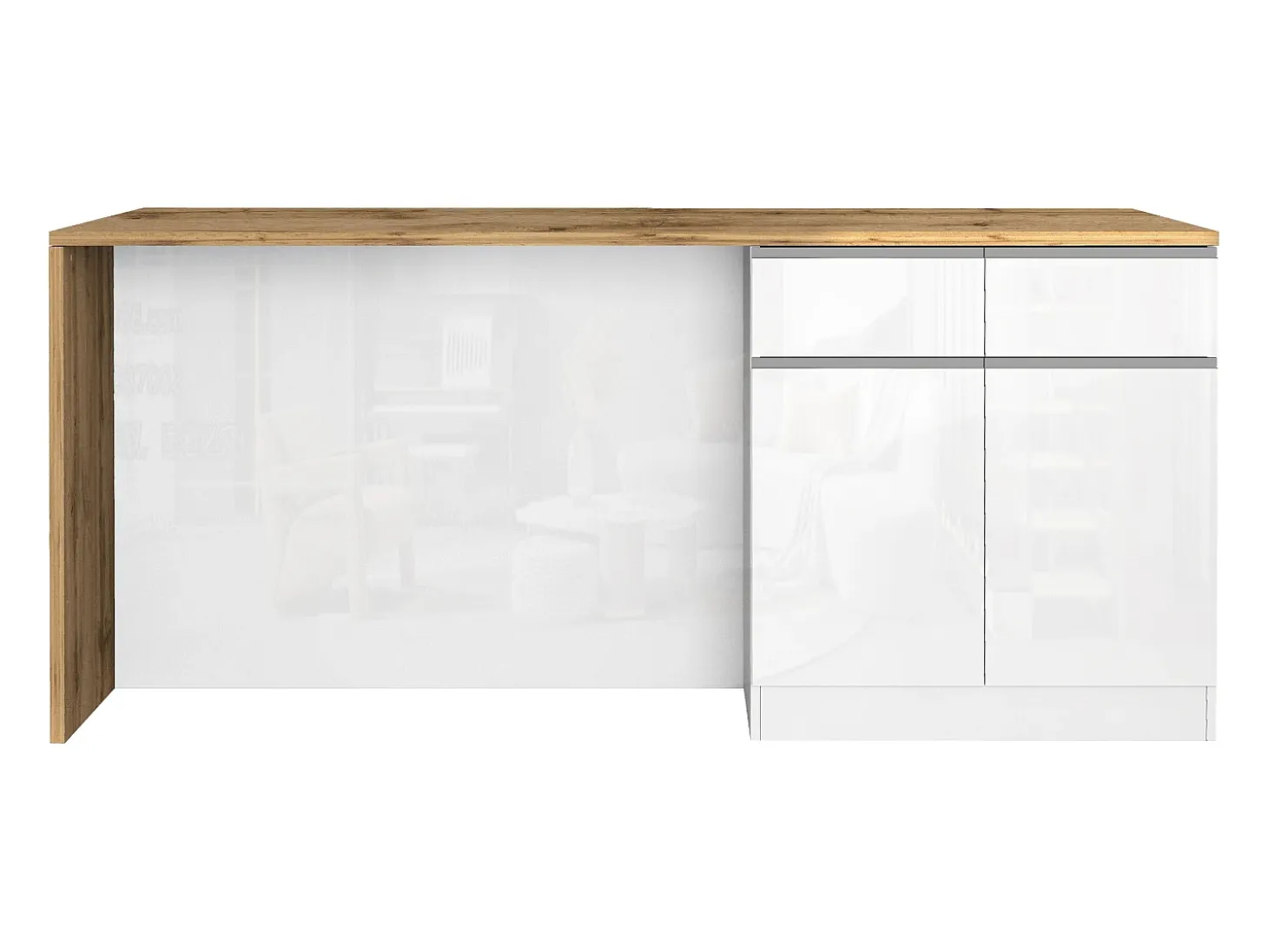 Isla de cocina Sole con 4 puertas y 4 cajones, blanco brillo y roble, 200 x 90 x 90 cm