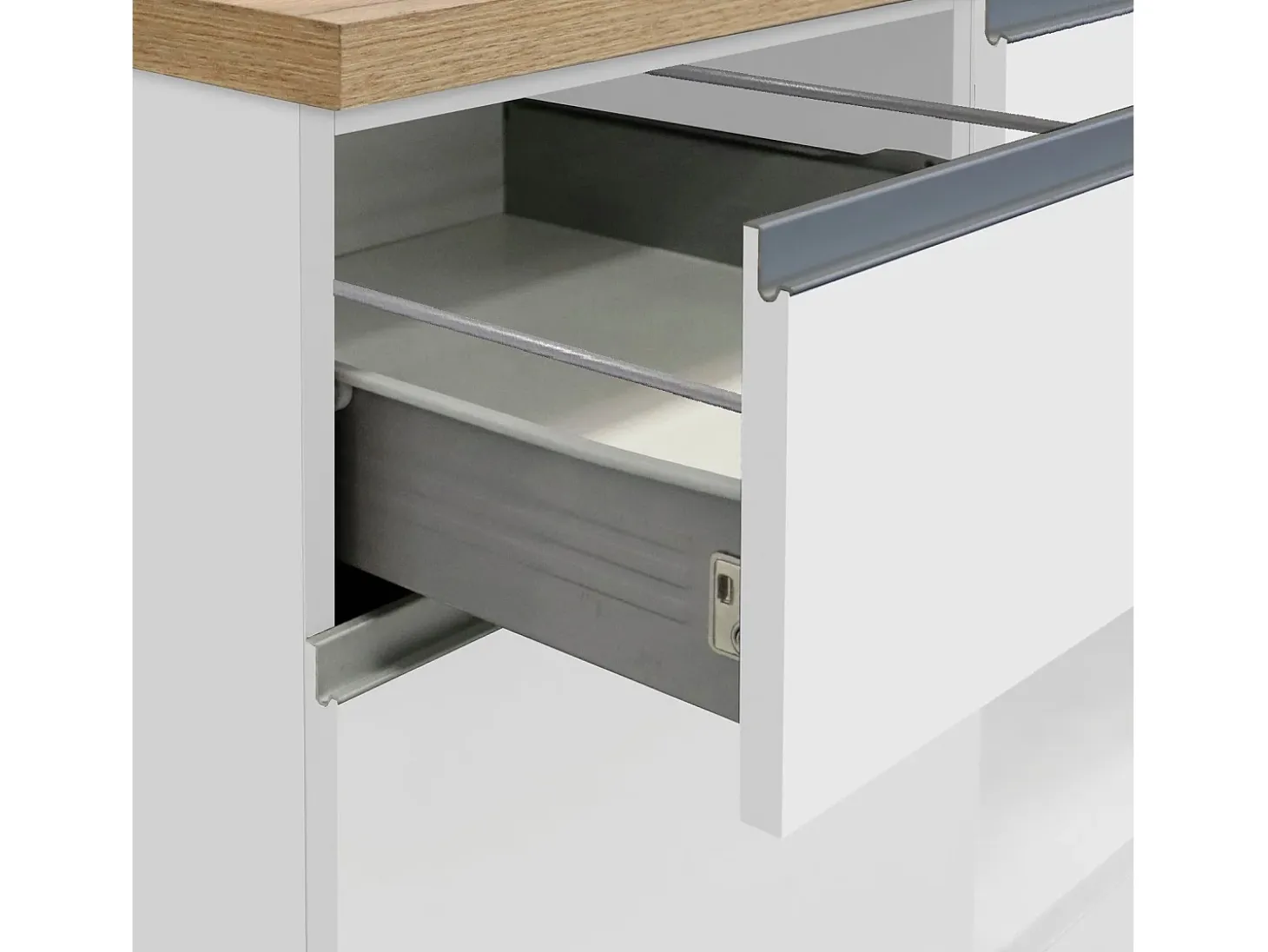 Isla de cocina Sole con 4 puertas y 4 cajones, blanco brillo y roble, 200 x 90 x 90 cm