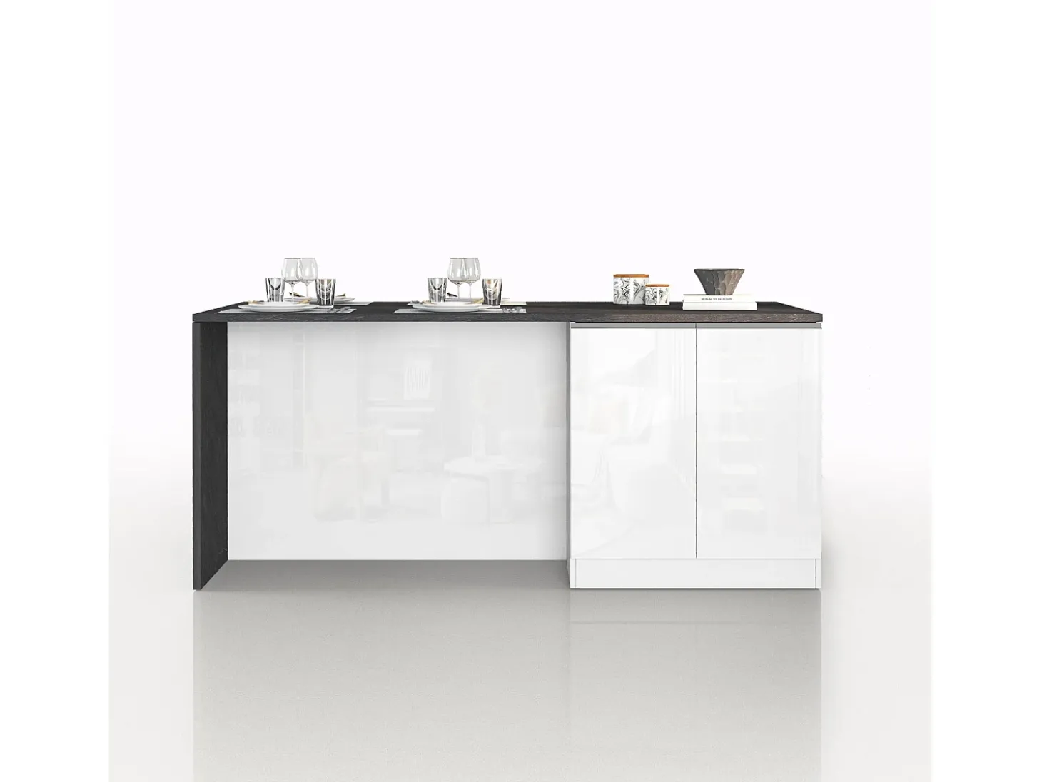 Isla de cocina Sole con 4 puertas en blanco brillo y report 200x90x90 cm
