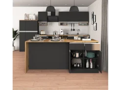 Isla de cocina Sole con 4 puertas y 4 cajones, color antracita mate/roble, 200 x 90 x 90 cm