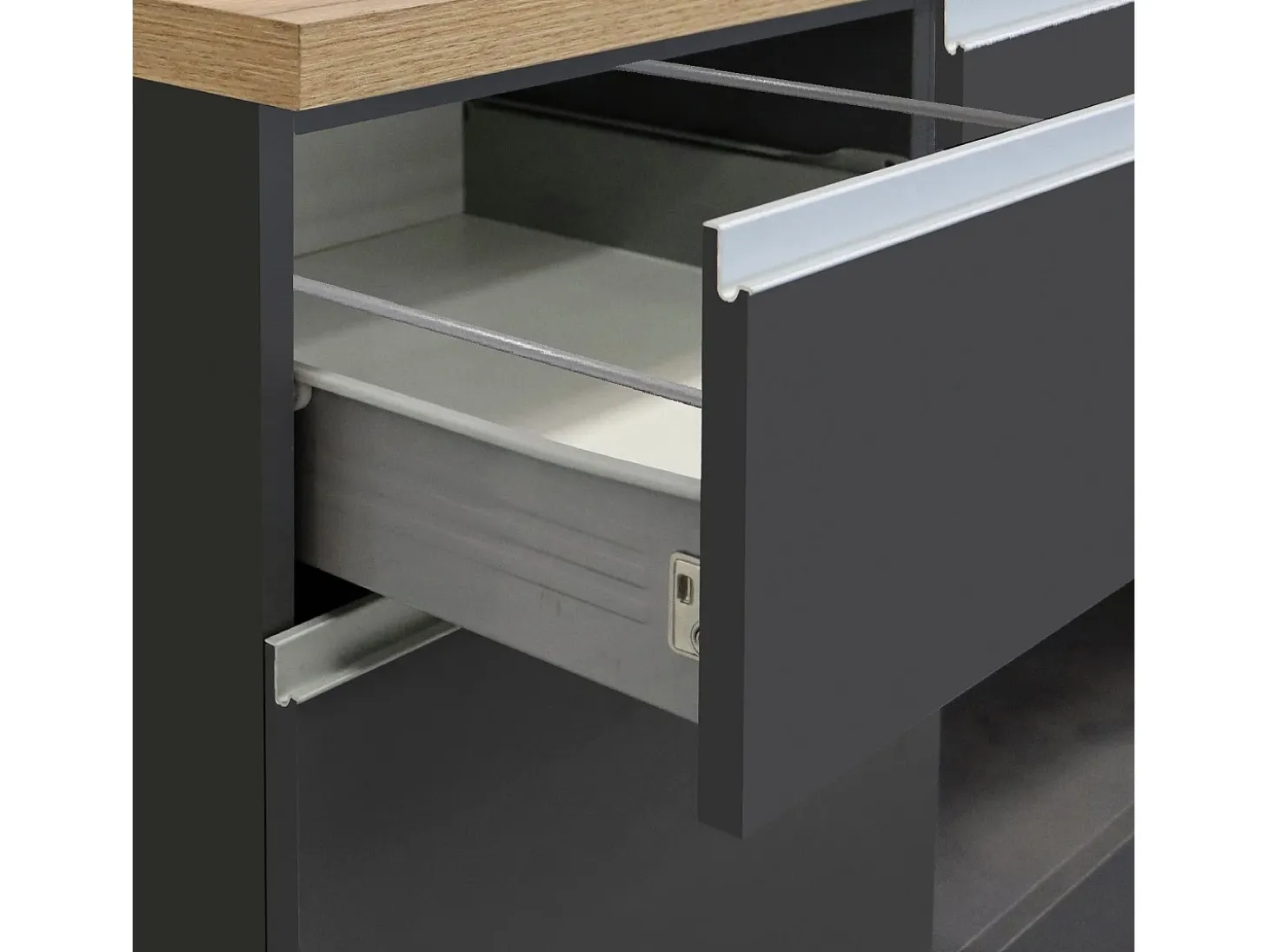 Isla de cocina Sole con 4 puertas y 4 cajones, color antracita mate/roble, 200 x 90 x 90 cm