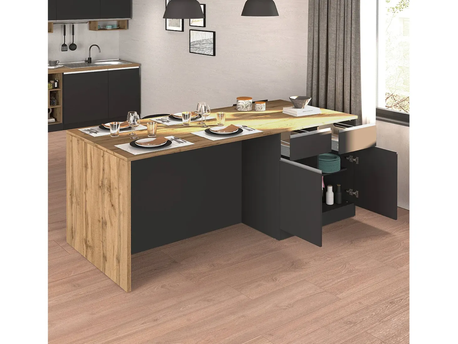 Isla de cocina Sole con 4 puertas y 4 cajones, color antracita mate/roble, 200 x 90 x 90 cm