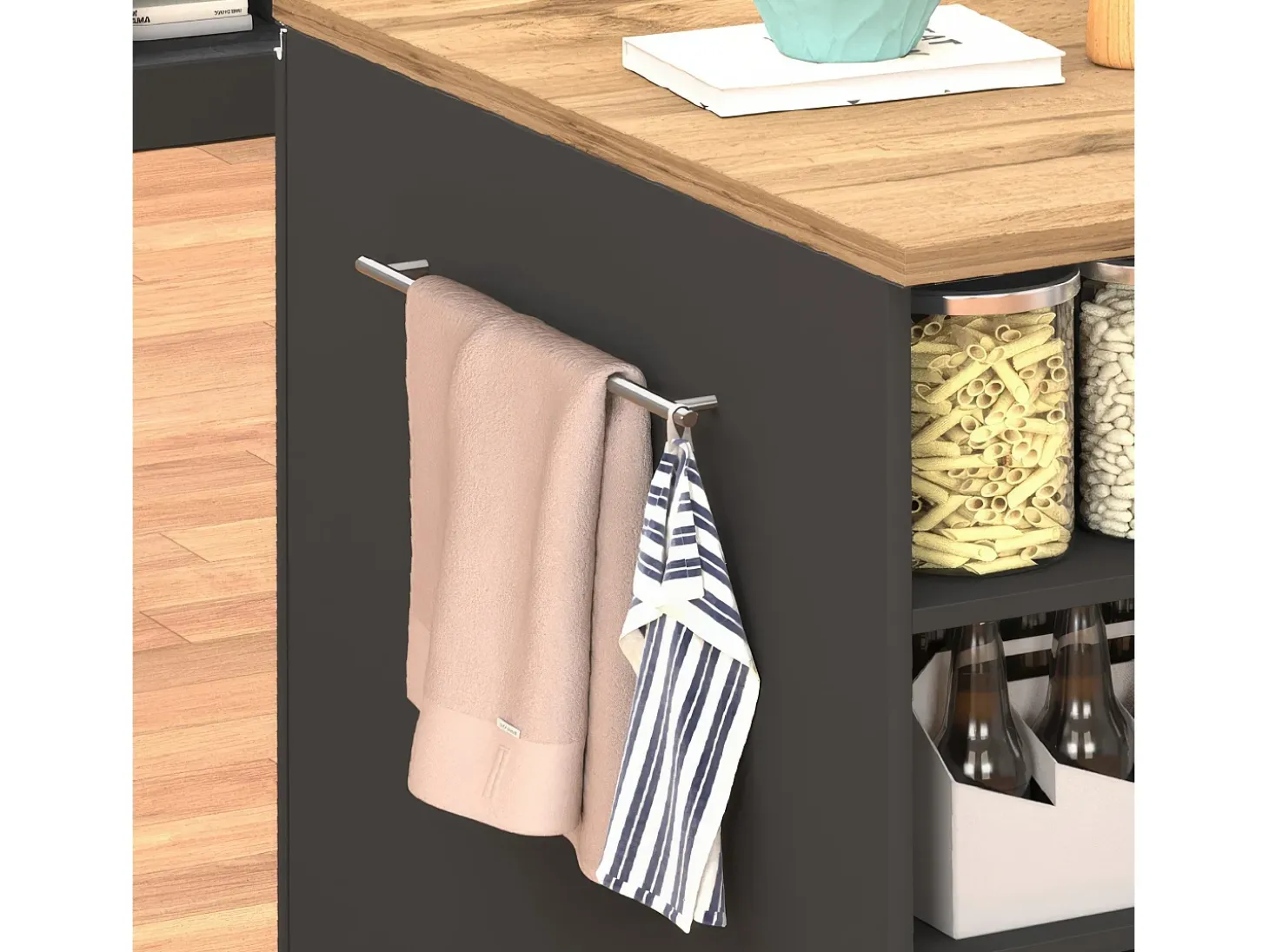 Isla de cocina Sole con 1 puerta, 2 cajones y 6 compartimentos, color antracita mate/roble, 153 x 90 x 91 cm