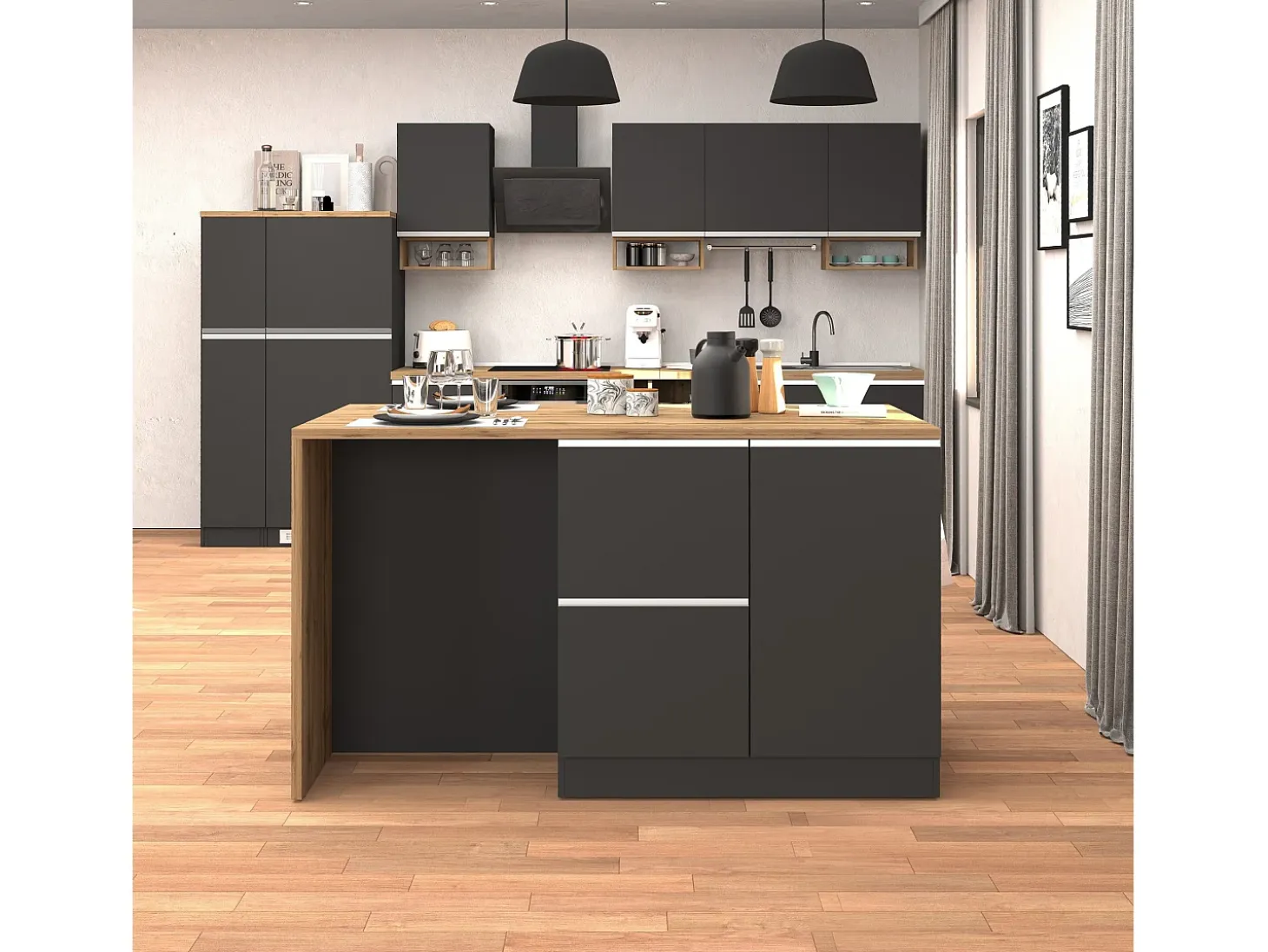 Isla de cocina Sole con 1 puerta, 2 cajones y 6 compartimentos, color antracita mate/roble, 153 x 90 x 91 cm