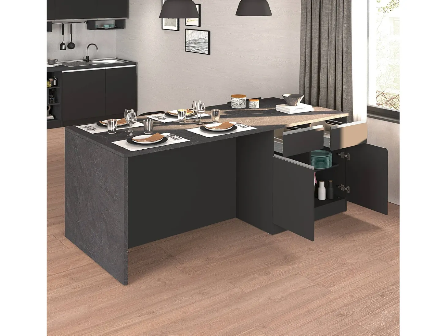 Isla de cocina Sole con 4 puertas y 4 cajones en antracita mate/report 200x90x90 cm