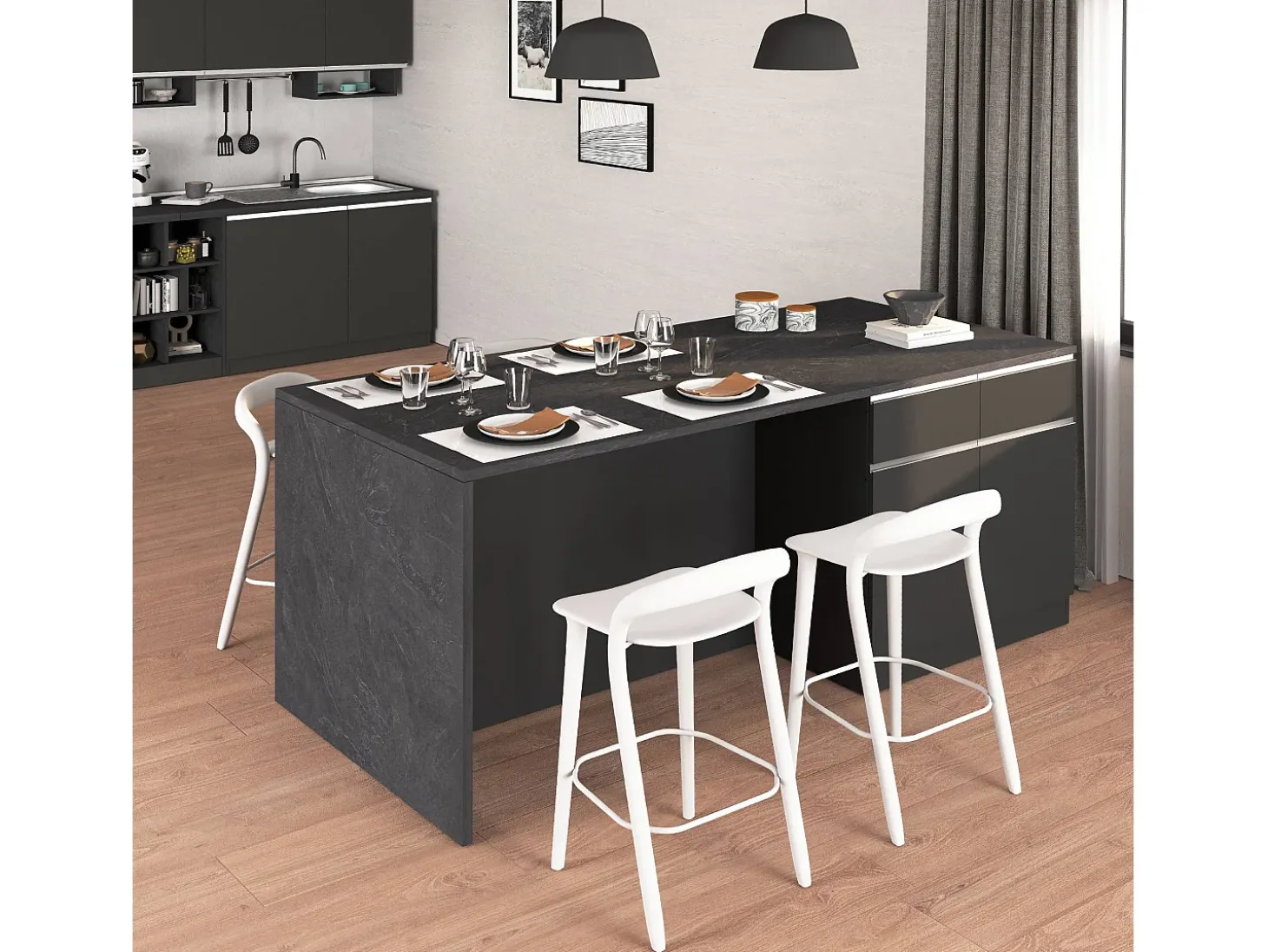 Isla de cocina Sole con 4 puertas y 4 cajones en antracita mate/report 200x90x90 cm