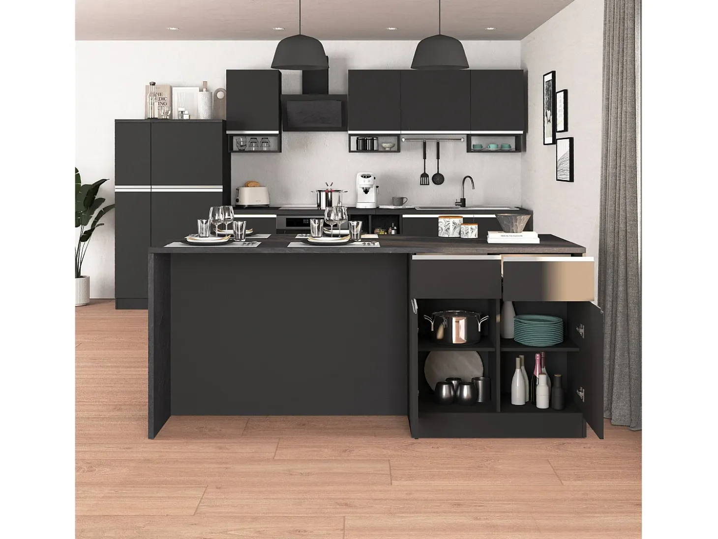 Isla de cocina Sole con 4 puertas y 4 cajones en antracita mate/report 200x90x90 cm