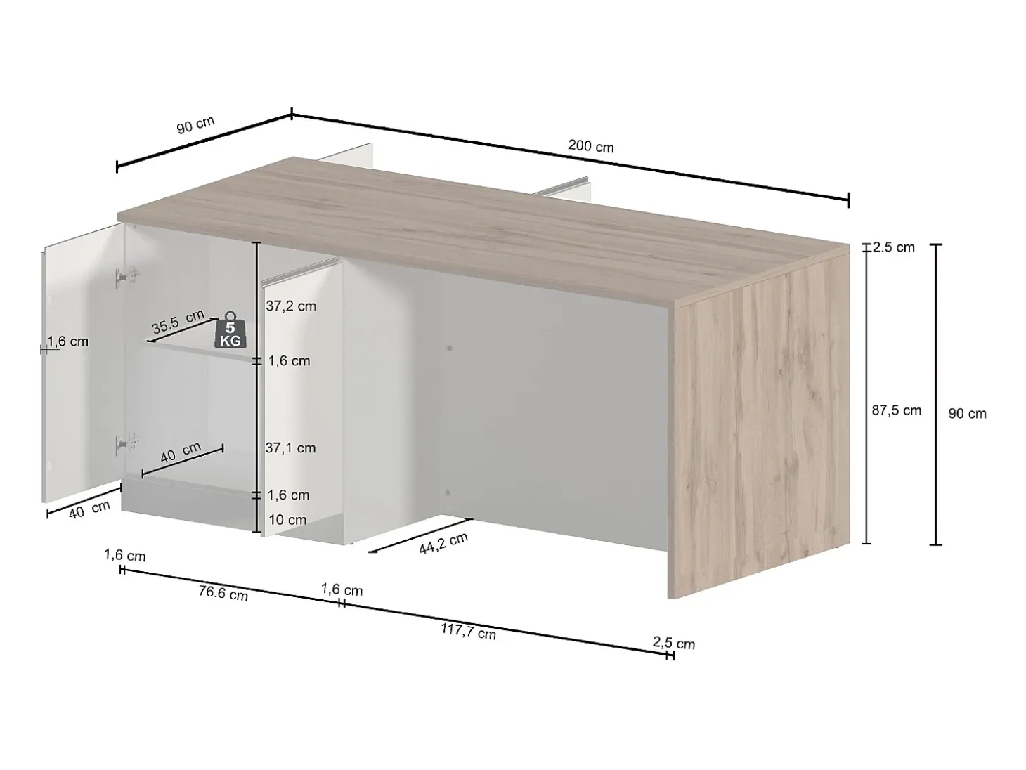 Isla de cocina Sole con 4 puertas, blanco brillo y roble, 200 x 90 x 90 cm