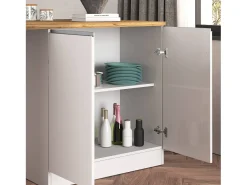 Isla de cocina Sole con 4 puertas, blanco brillo y roble, 200 x 90 x 90 cm