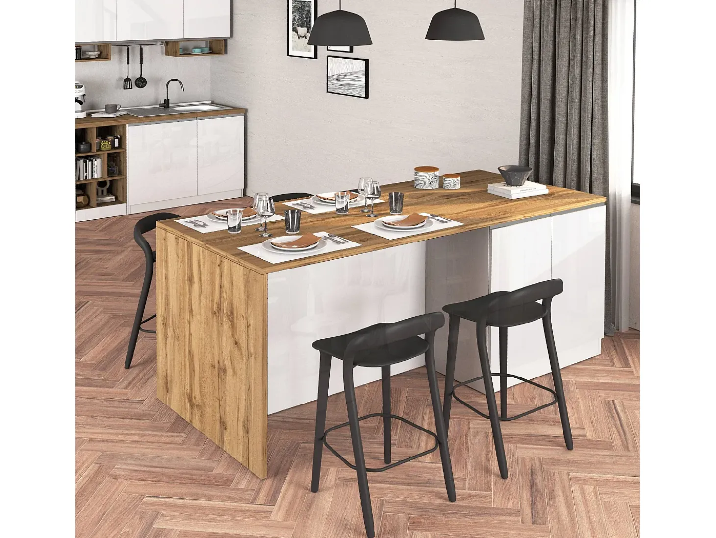 Isla de cocina Sole con 4 puertas, blanco brillo y roble, 200 x 90 x 90 cm
