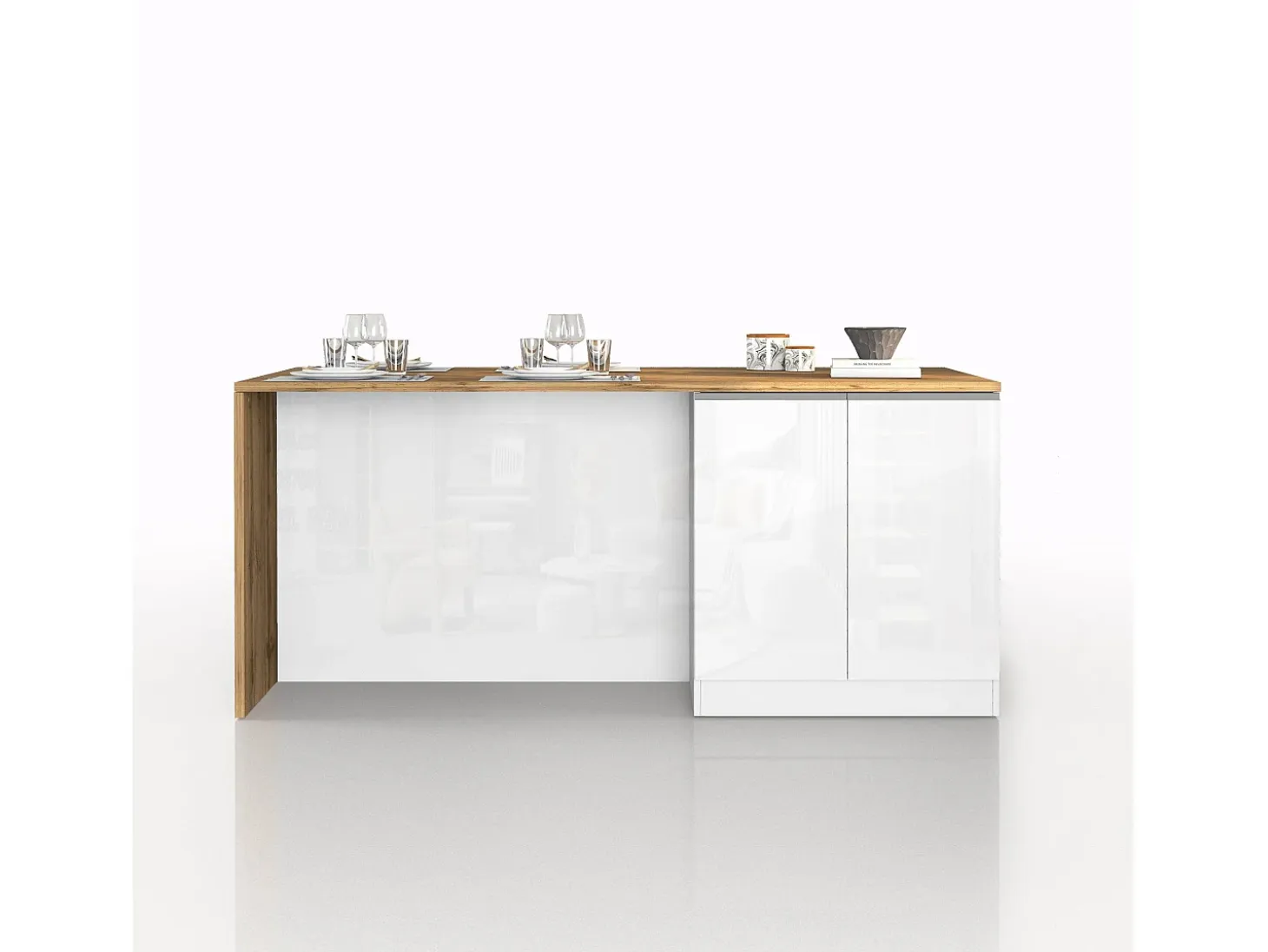 Isla de cocina Sole con 4 puertas, blanco brillo y roble, 200 x 90 x 90 cm