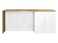 Isla de cocina Sole con 4 puertas, blanco brillo y roble, 200 x 90 x 90 cm