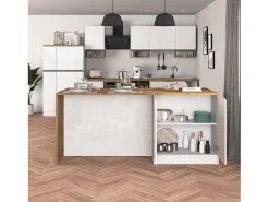 Isla de cocina Sole con 4 puertas, blanco brillo y roble, 200 x 90 x 90 cm