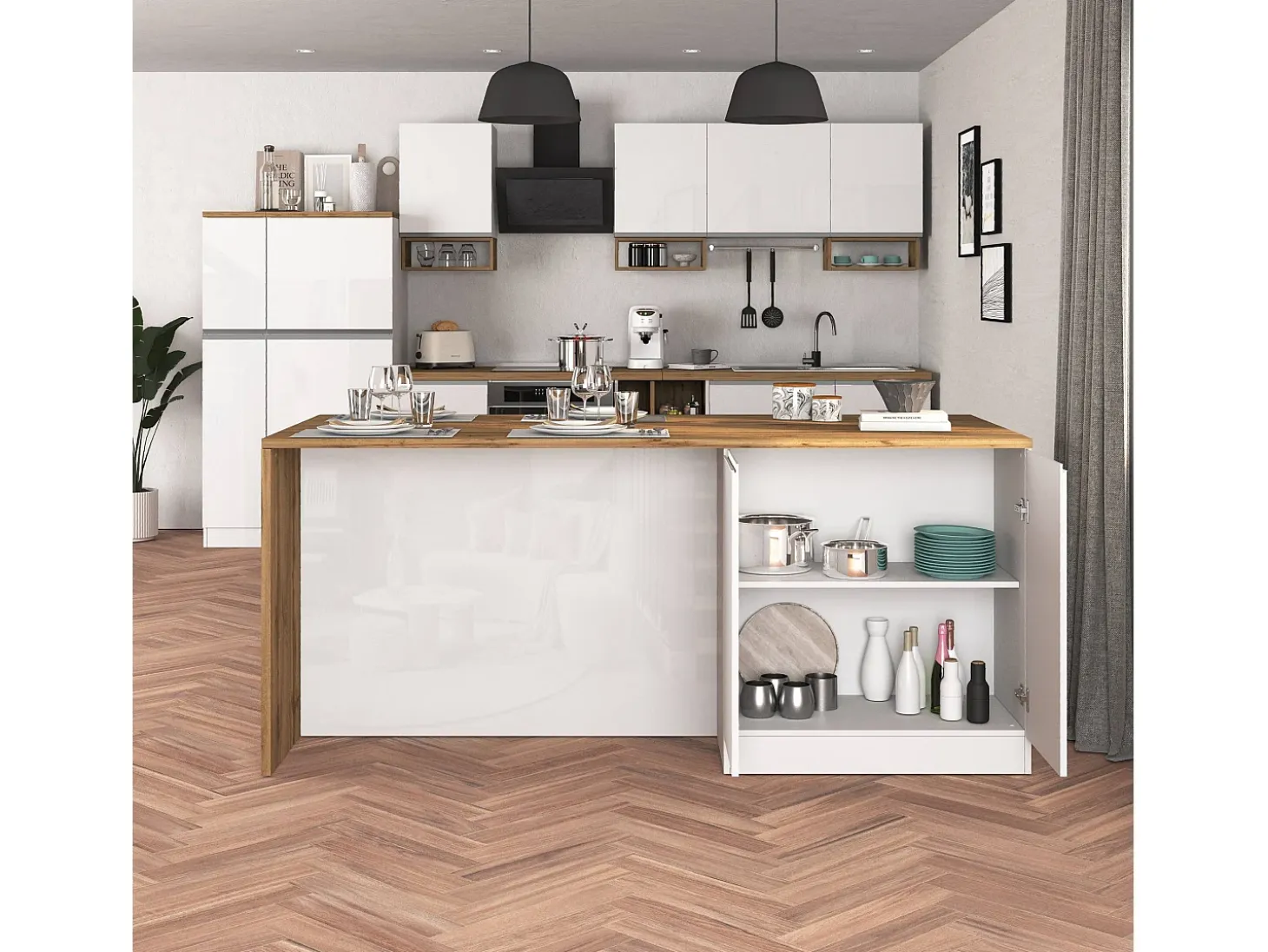Isla de cocina Sole con 4 puertas, blanco brillo y roble, 200 x 90 x 90 cm