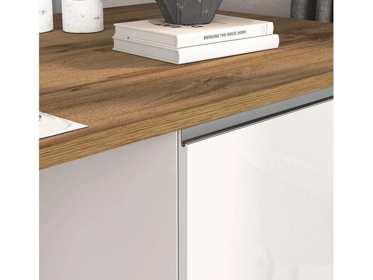Isla de cocina Sole con 4 puertas, blanco brillo y roble, 200 x 90 x 90 cm