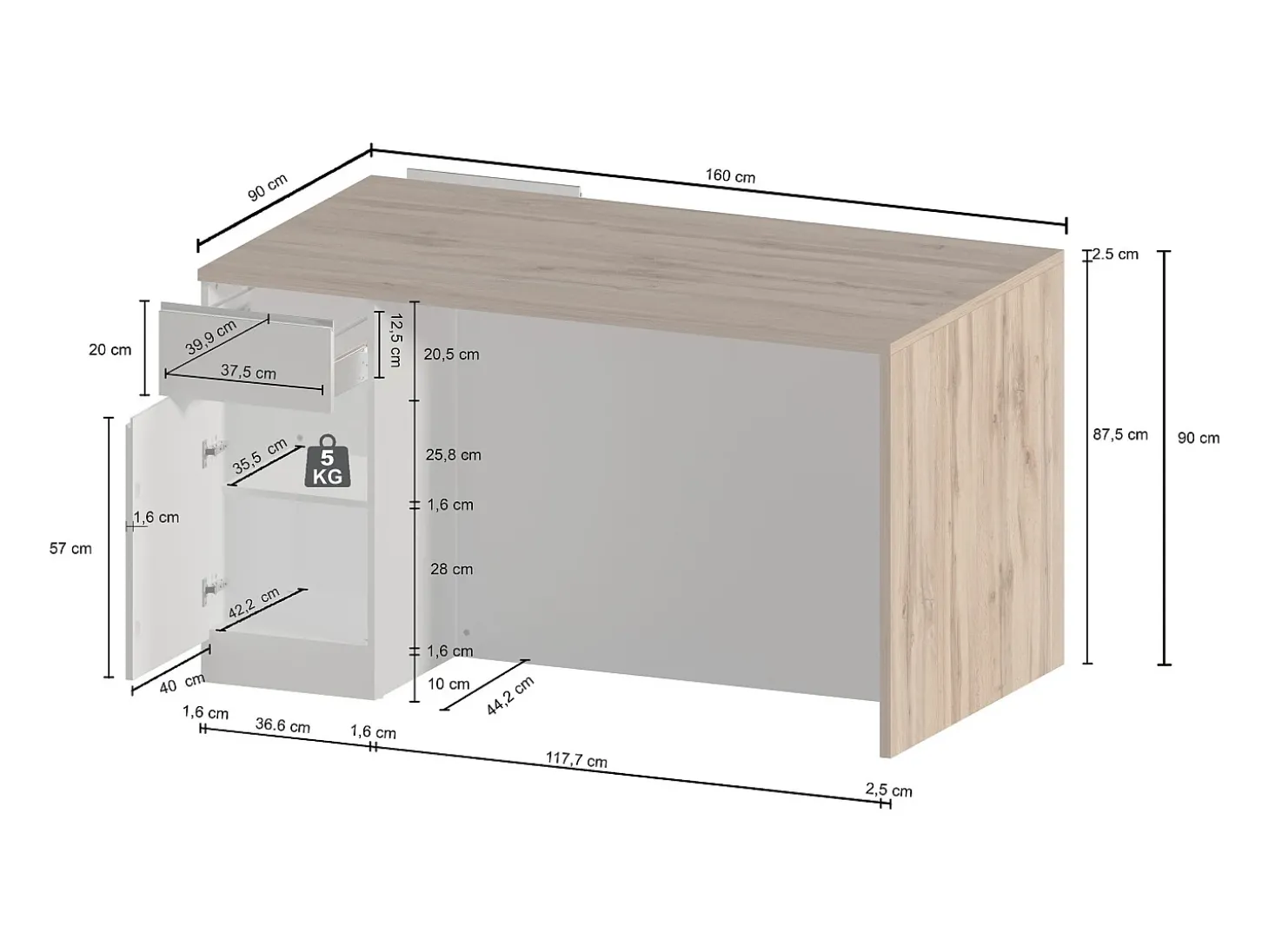 Isla de cocina Sole con 2 puertas y 2 cajones blanco brillo y report 160x90x90 cm