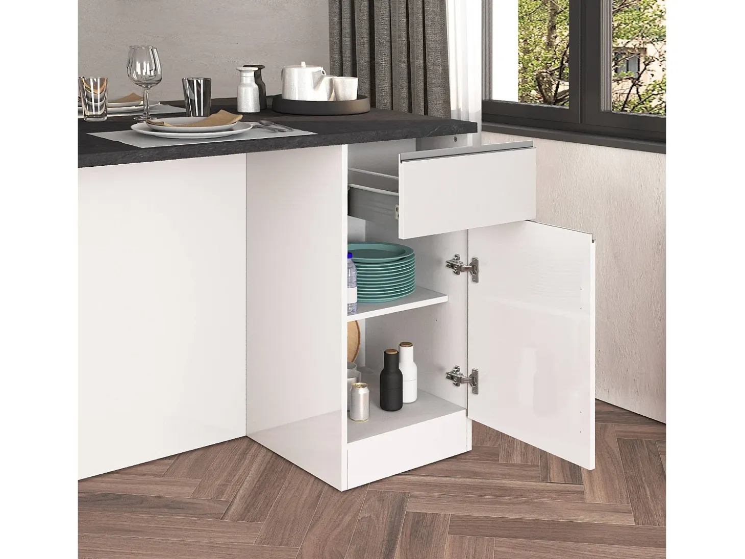 Isla de cocina Sole con 2 puertas y 2 cajones blanco brillo y report 160x90x90 cm