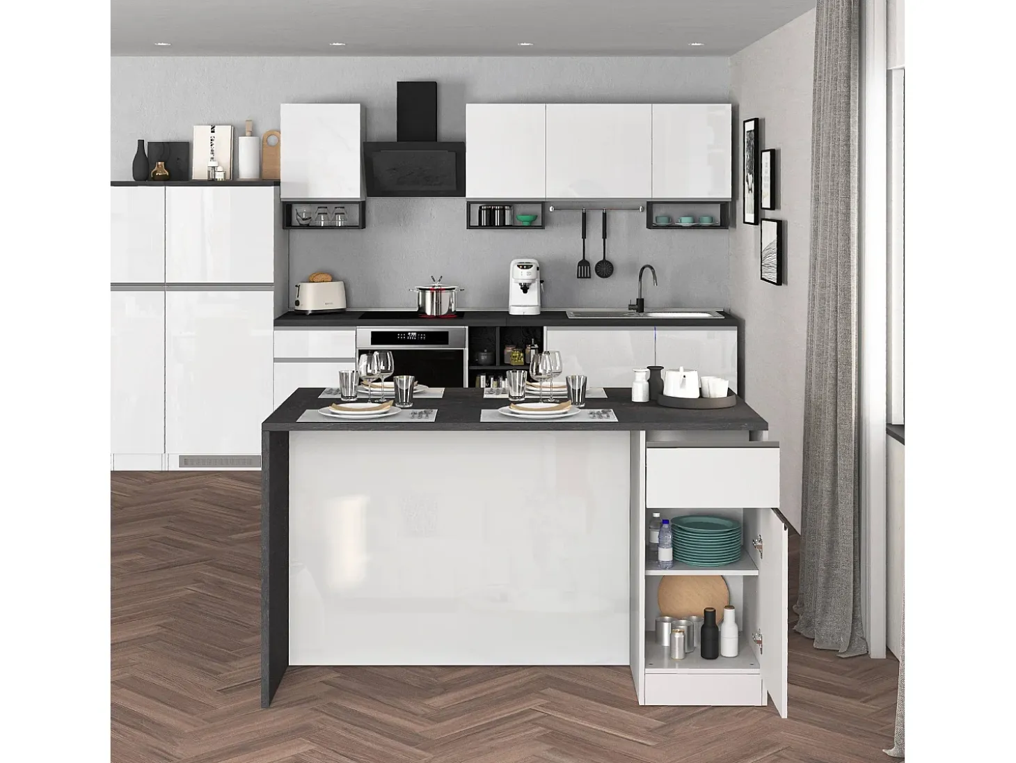 Isla de cocina Sole con 2 puertas y 2 cajones blanco brillo y report 160x90x90 cm