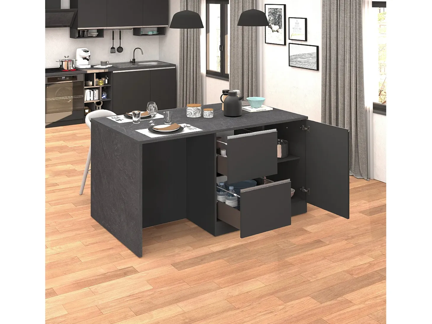 Isla de cocina Sole con 1 puerta, 2 cajones y 6 compartimentos, color antracita mate/report 153x90x91 cm