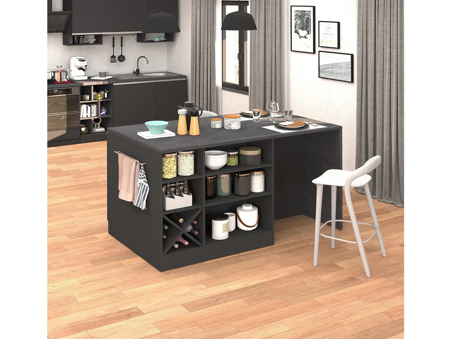 Isla de cocina Sole con 1 puerta, 2 cajones y 6 compartimentos, color antracita mate/report 153x90x91 cm