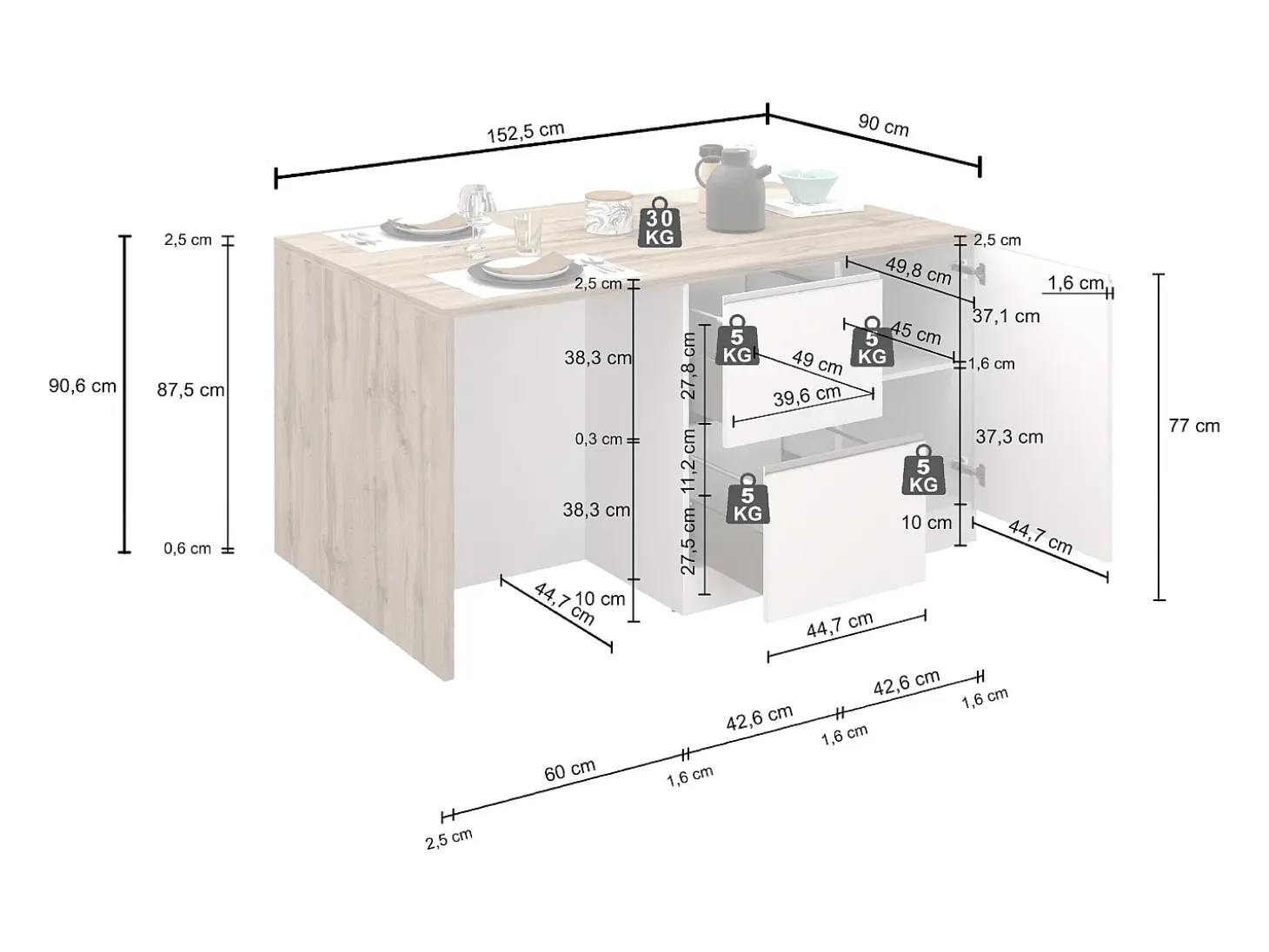 Isla de cocina Sole con 1 puerta, 2 cajones y 6 compartimentos, color antracita mate/report 153x90x91 cm