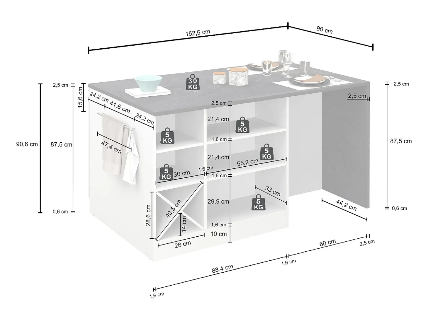 Isla de cocina Sole con 1 puerta, 2 cajones y 6 compartimentos, color antracita mate/report 153x90x91 cm