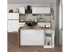 Isla de cocina Sole con 2 puertas en blanco brillo y roble 160x90x90 cm
