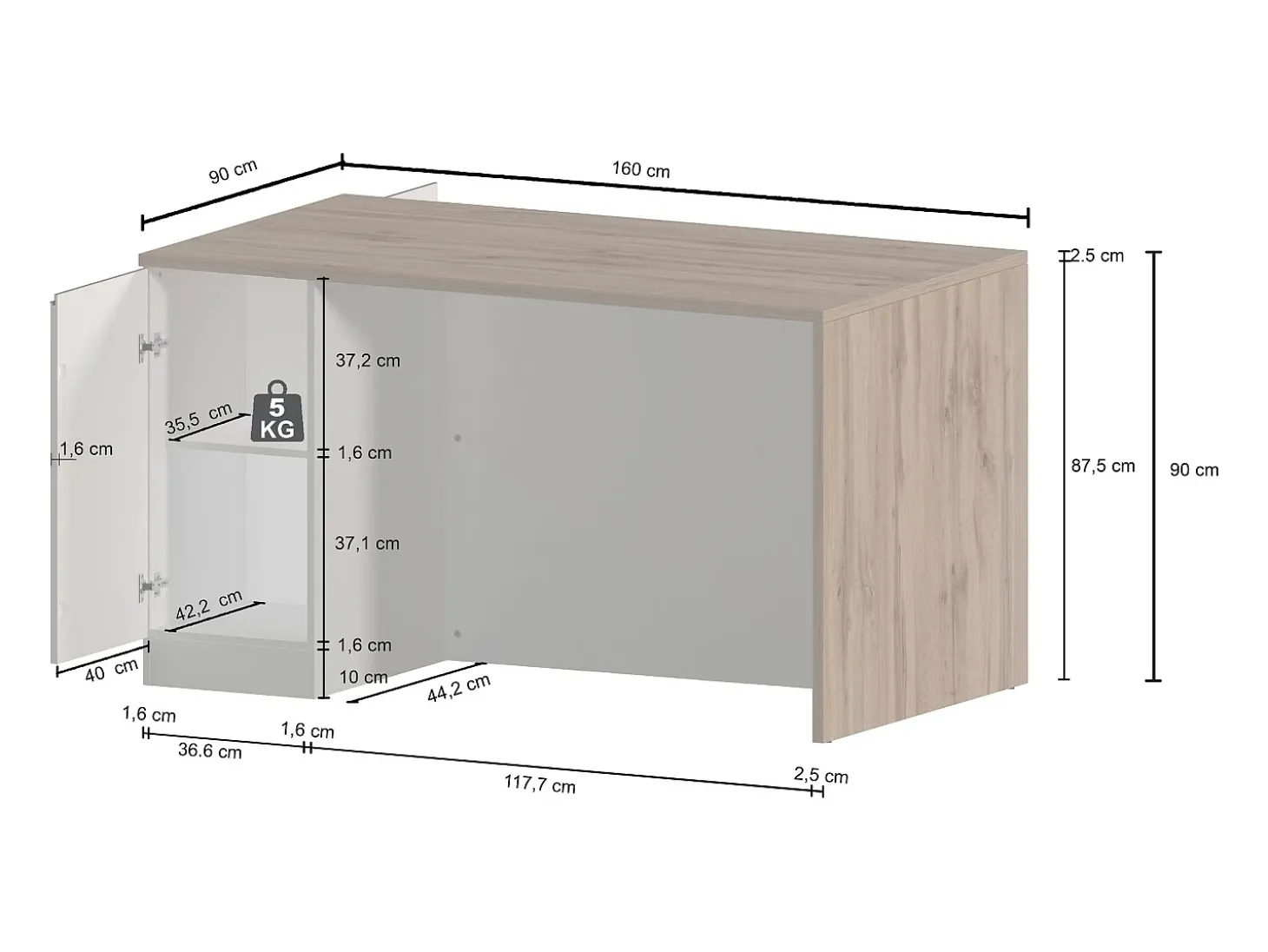Isla de cocina Sole con 2 puertas en blanco brillo y roble 160x90x90 cm