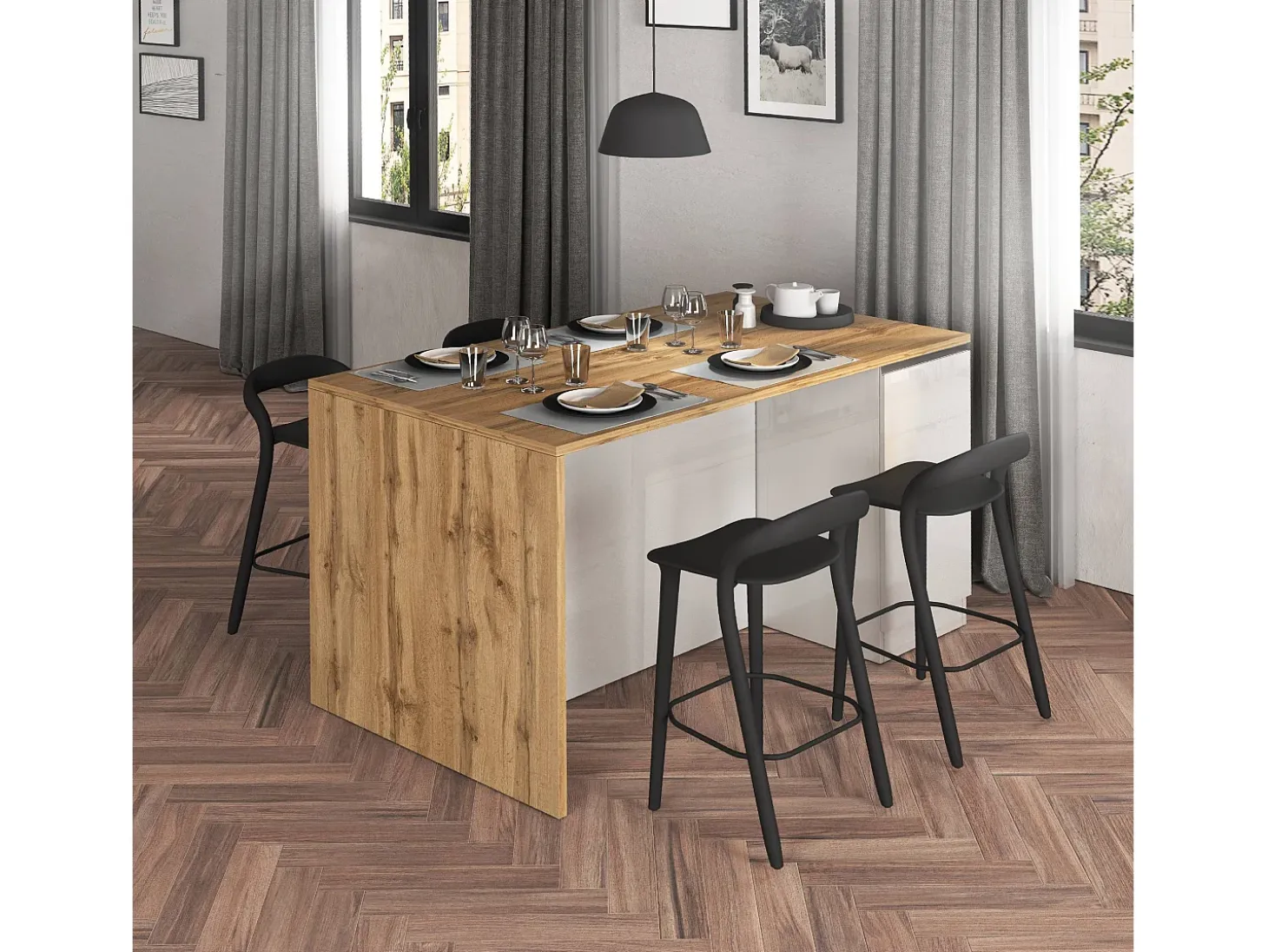 Isla de cocina Sole con 2 puertas en blanco brillo y roble 160x90x90 cm