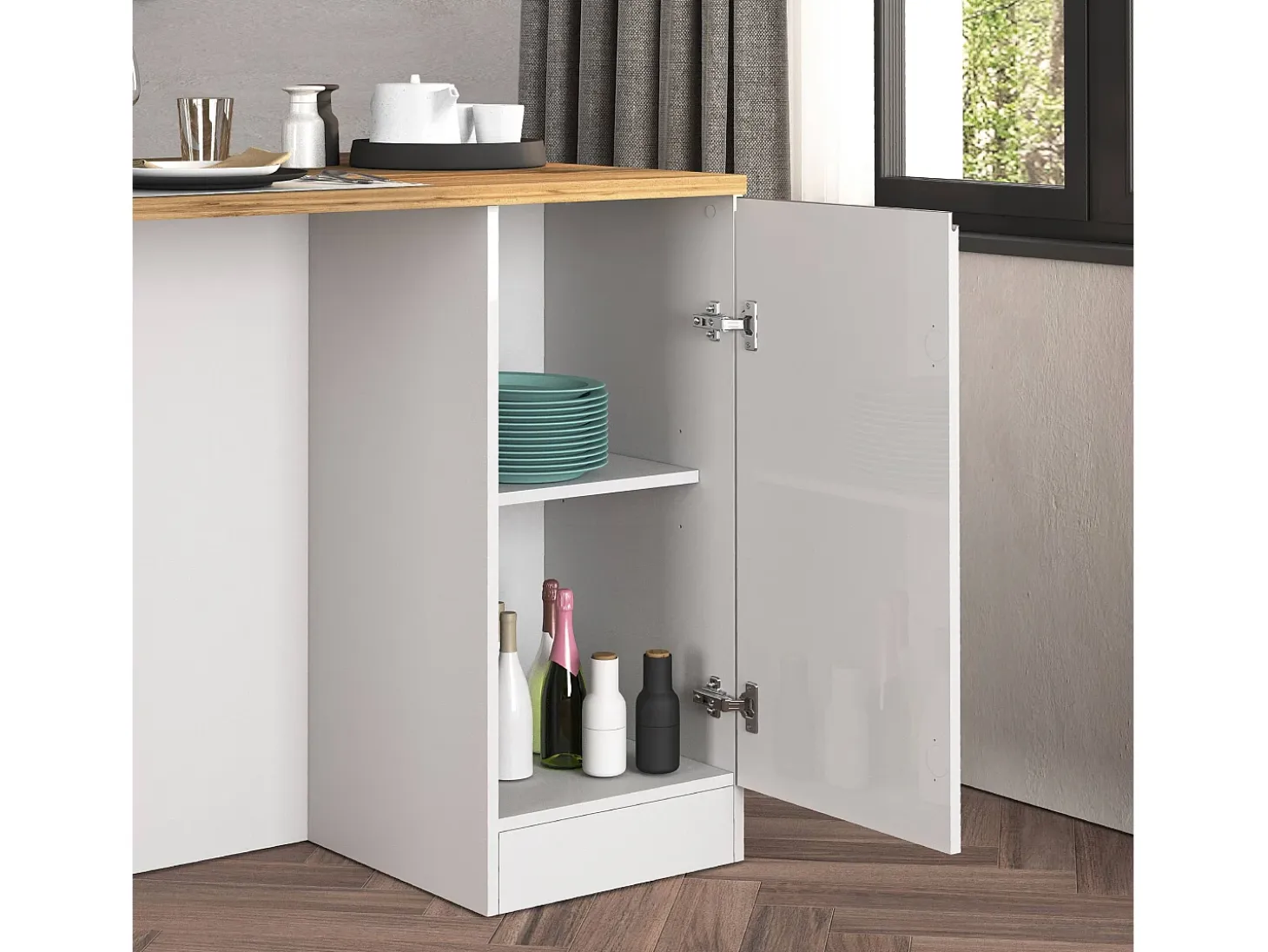 Isla de cocina Sole con 2 puertas en blanco brillo y roble 160x90x90 cm