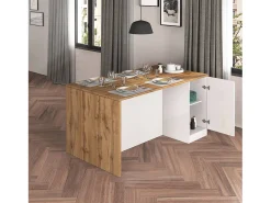 Isla de cocina Sole con 2 puertas en blanco brillo y roble 160x90x90 cm