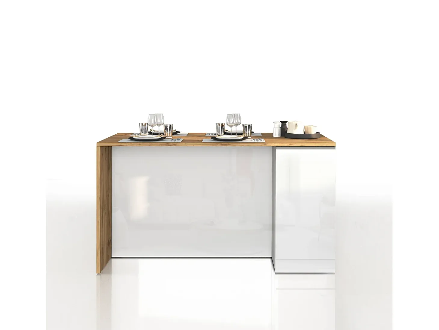 Isla de cocina Sole con 2 puertas en blanco brillo y roble 160x90x90 cm