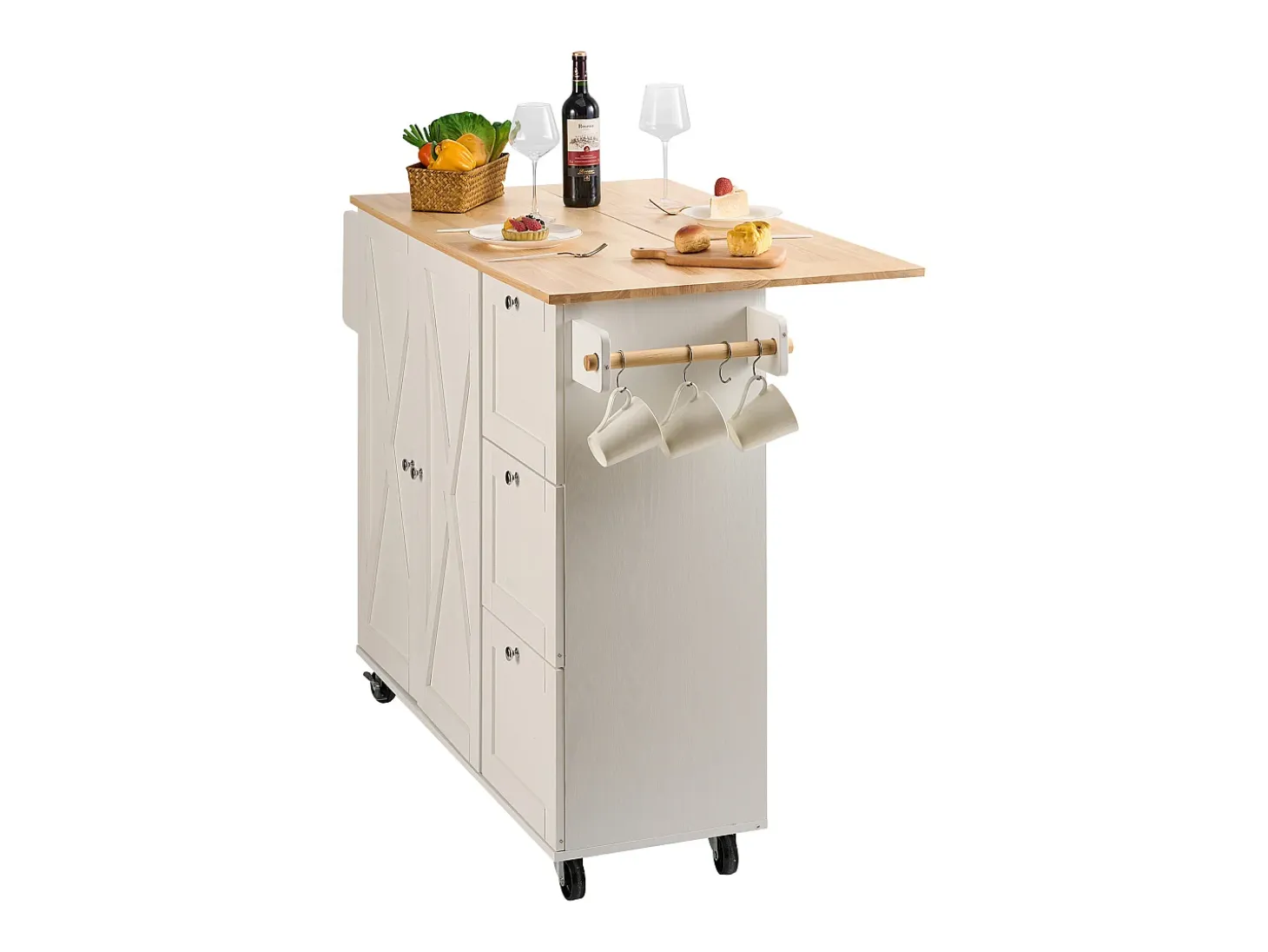 Isla de Cocina, SucceBuy Carrito de Cocina de 115 cm con Ruedas, Armario de Almacenamiento con Cajón y Estante
