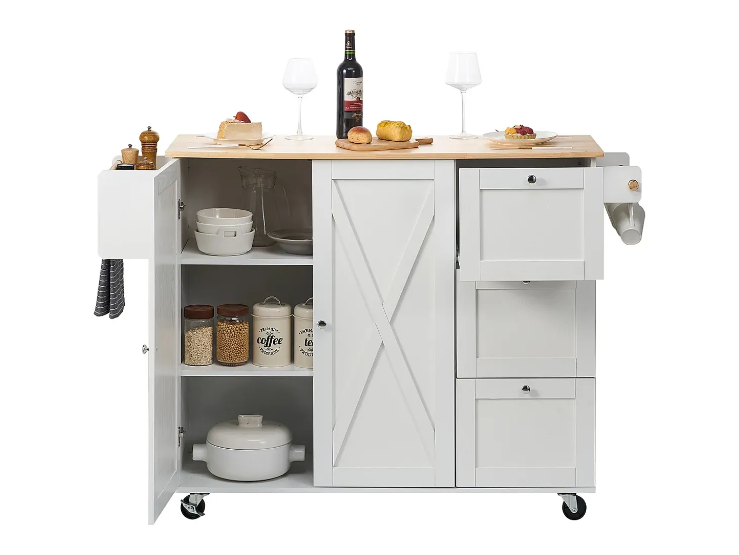 Isla de Cocina, SucceBuy Carrito de Cocina de 115 cm con Ruedas, Armario de Almacenamiento con Cajón y Estante