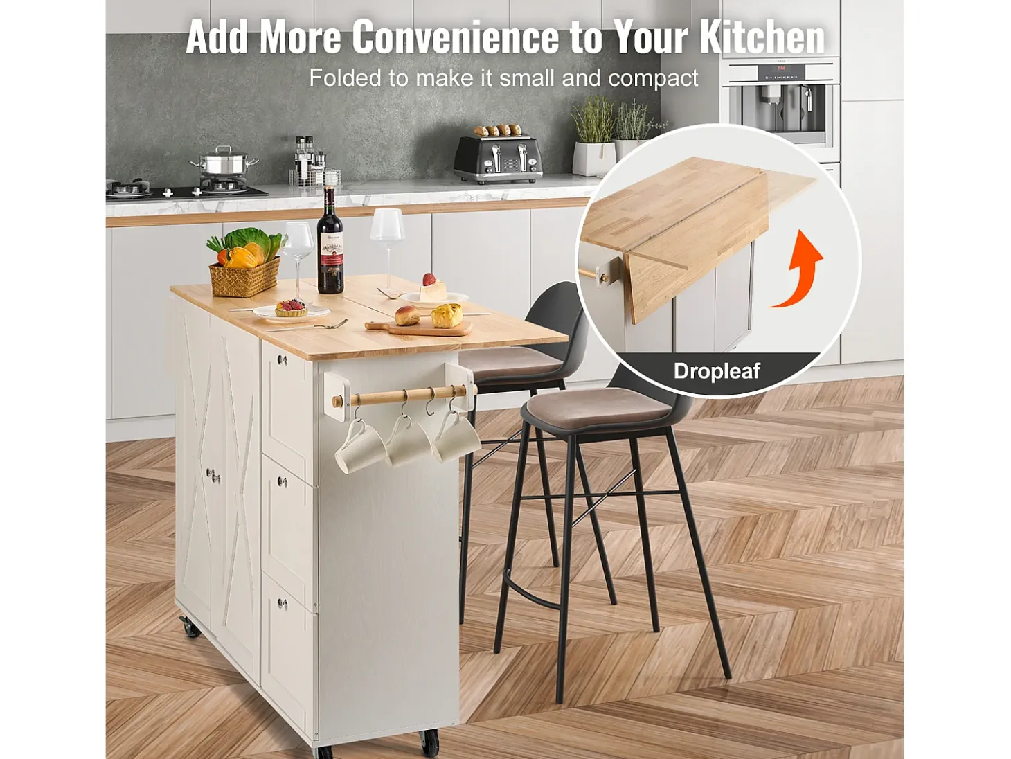 Isla de Cocina, SucceBuy Carrito de Cocina de 115 cm con Ruedas, Armario de Almacenamiento con Cajón y Estante