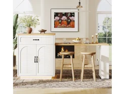 Isla de cocina/barra - 193,5 x 70 x 95,5 cm - con mesa extraíble + 2 cajones + 4 puertas - MDF + metal - blanco