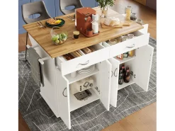 Isla de la cocina central en paneles MDF, con almacenamiento, ruedas giratorias, mesa plegable, 106x50/78x90.5cm, blanco