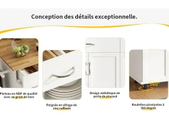 Isla de la cocina central en paneles MDF, con almacenamiento, ruedas giratorias, mesa plegable, 106x50/78x90.5cm, blanco