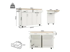 Isla de la cocina central en paneles MDF, con almacenamiento, ruedas giratorias, mesa plegable, 106x50/78x90.5cm, blanco
