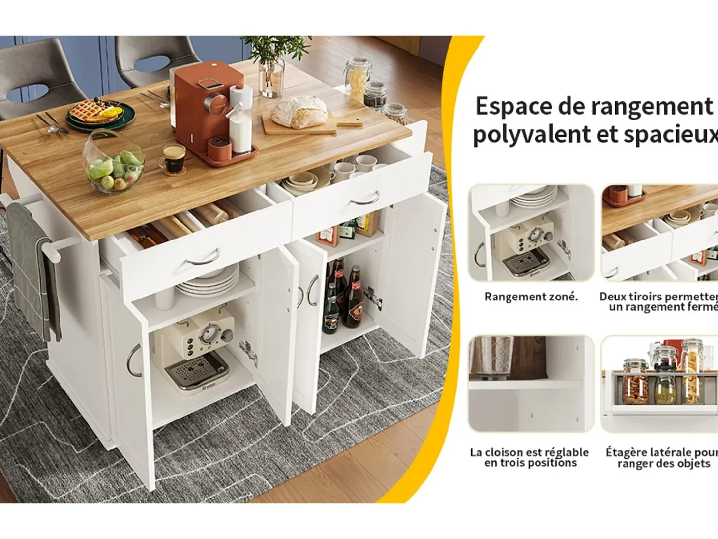 Isla de la cocina central en paneles MDF, con almacenamiento, ruedas giratorias, mesa plegable, 106x50/78x90.5cm, blanco