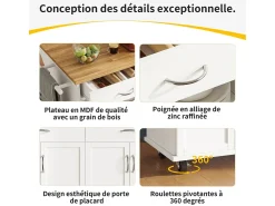 Isla de la cocina central en paneles MDF, con almacenamiento, ruedas giratorias, mesa plegable, 106x50/78x90.5cm, blanco
