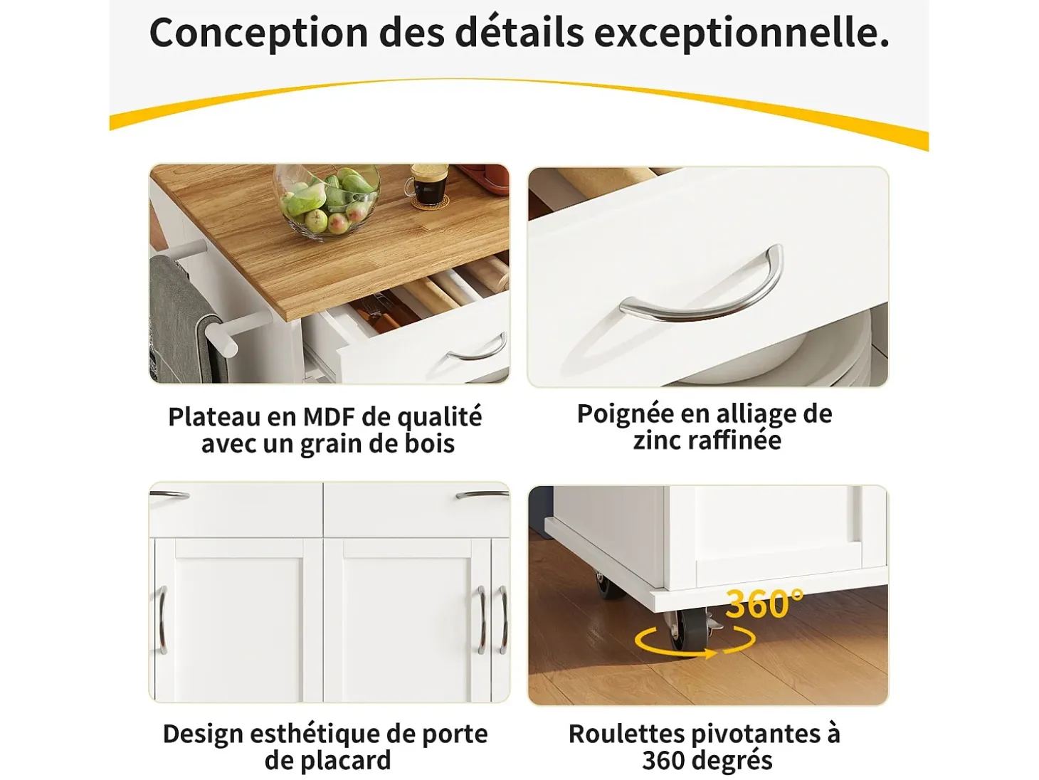 Isla de la cocina central en paneles MDF, con almacenamiento, ruedas giratorias, mesa plegable, 106x50/78x90.5cm, blanco