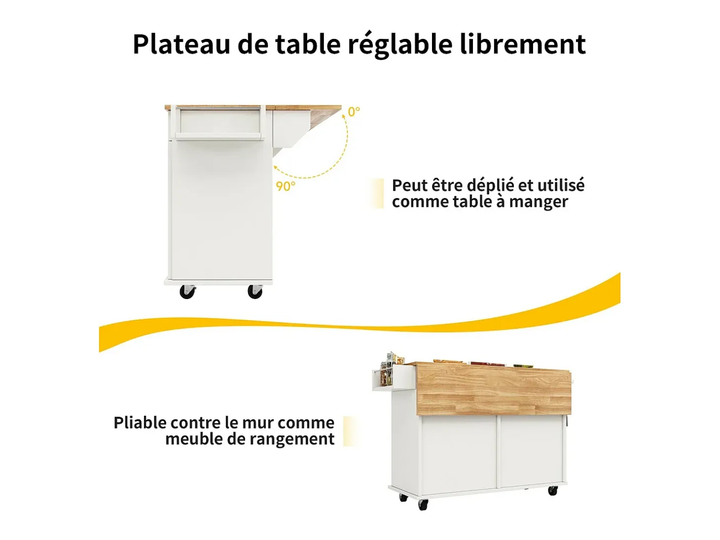 Isla de la cocina central en paneles MDF, con almacenamiento, ruedas giratorias, mesa plegable, 106x50/78x90.5cm, blanco