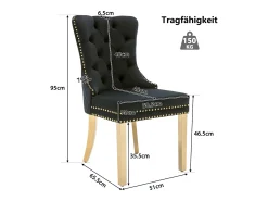 Juego 6 sillas negro/dorado terciopelo, respaldo con anillos y tachuelas. Patas acero dorado, asiento tapizado. Lujo y confort.
