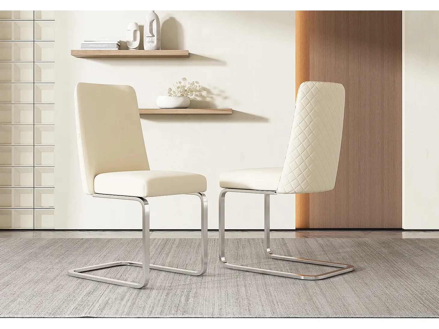 Juego de 2 sillas cantilever de terciopelo - respaldo con diseño de rombos - base de metal plateado - Beige