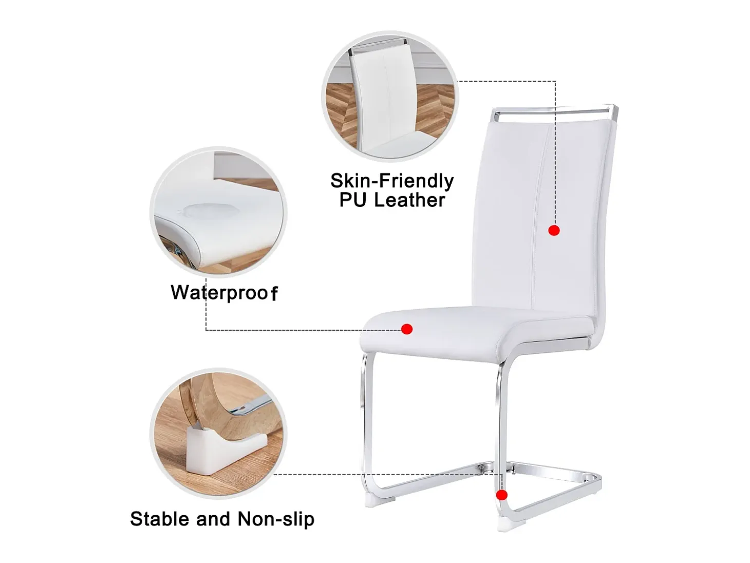 Juego de 4 sillas con base de trineo - Base de metal cromado Soporta hasta 120 kg Acolchado suave con funda de piel sintética - Blanco