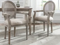 Juego de 2 sillas con brazos - Rejilla, tela y madera de hevea - Beige - ANTOINETTE