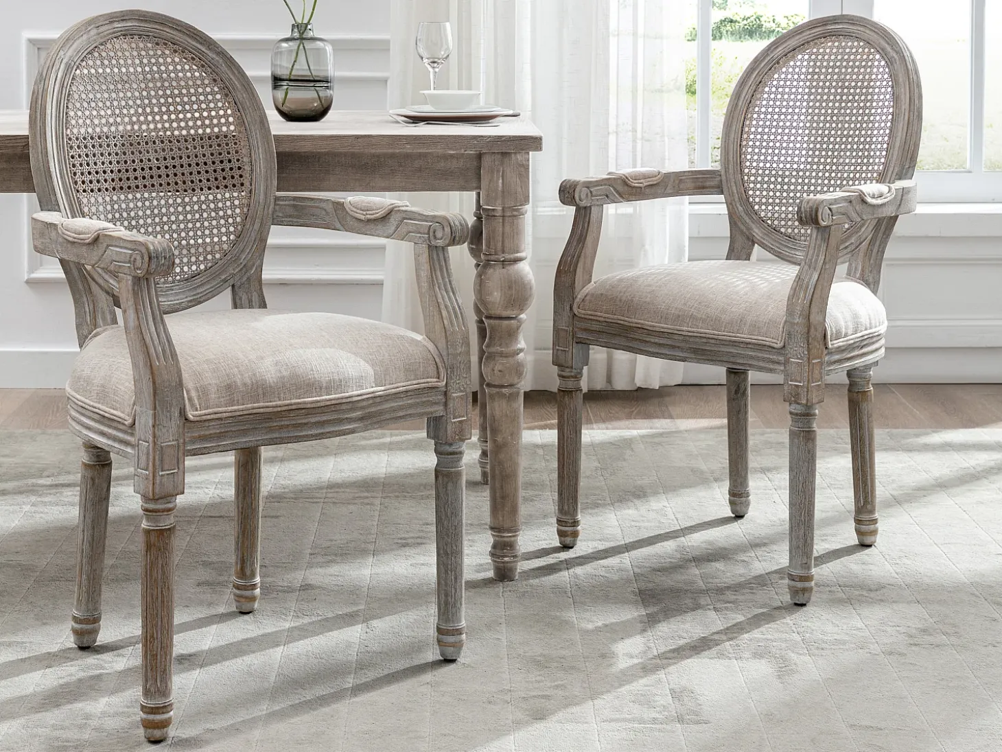 Juego de 2 sillas con brazos - Rejilla, tela y madera de hevea - Beige - ANTOINETTE