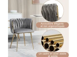 Juego de 2 Sillas con Respaldo de Concha y Bastidor Trenzado, Patas Doradas - Gris - Elegancia Bohemia